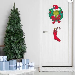 Dr. Seuss The Grinch in Wreath with Stocking Window Cling Vinyl Holiday Decor